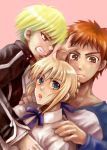  1girl 2boys blonde_hair blouse blush braid casual emiya_shirou fate/stay_night fate_(series) gilgamesh multiple_boys raglan_sleeves saber 