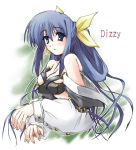  1girl arc_system_works blue_eyes blue_hair blush bow breasts character_name cleavage detached_sleeves dizzy expressionless guilty_gear hair_bow hair_ribbon long_hair long_sleeves looking_at_viewer nt50 revealing_clothes ribbon simple_background solo upper_body white_background yellow_ribbon 