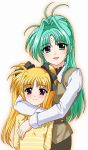  00s 2girls blonde_hair facial_mark fate_testarossa forehead_mark green_eyes green_hair hair_ribbon lindy_harlaown lyrical_nanoha mahou_shoujo_lyrical_nanoha multiple_girls red_eyes ribbon 