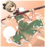  1girl akiyama_nenehisa alternate_hair_color dutch_angle female hairband hitodama katana konpaku_youmu konpaku_youmu_(ghost) light_brown_hair looking_at_viewer mouth_hold ribbon_in_mouth sheath short_hair solo sword touhou unsheathing violet_eyes weapon 