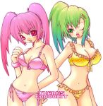  2girls beatmania beatmania_iidx bemani bikini blush breasts cleavage green_eyes green_hair hits huge_breasts kitami_erika lace large_breasts lowres mizushiro_celica multiple_girls pink_eyes pink_hair ponytail side-tie_bikini swimsuit twintails 