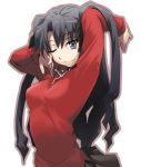  1girl arms_up black_hair blue_eyes fate/stay_night fate_(series) nilitsu one_eye_closed smile solo stretch tohsaka_rin turtleneck twintails two_side_up wink 