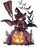  1girl bat belt bloomers blue_eyes broom cape haccan halloween hat jack-o&#039;-lantern pumpkin redhead solo transparent_background underwear witch witch_hat 