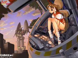  1girl brown_eyes brown_hair cockpit gainaxtop gunbuster gym_uniform headband hirai_yukio leotard logo mecha socks solo takaya_noriko top_wo_nerae! 