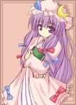  1girl bonnet book bow crescent female frills hair_bow hair_ribbon hat long_hair moon patchouli_knowledge pink_bow purple_hair ribbon solo touhou violet_eyes 