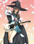  1girl cape electric_guitar feathers guitar hat instrument nagato_yuki school_uniform serafuku solo suzumiya_haruhi_no_yuuutsu witch_hat 