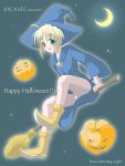  00s 1girl 2004 alternate_costume blonde_hair blue_background copyright_name dated fate/stay_night fate_(series) halloween happy_halloween jack-o&#039;-lantern pumpkin saber sidesaddle solo 