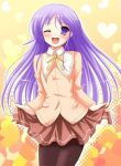  1boy crossdressinging happiness! looking_at_viewer male_focus open_mouth pantyhose purple_hair school_uniform serafuku solo trap violet_eyes watarase_jun wink yukizuki_chikuba 