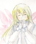  1girl blonde_hair closed_eyes collet_brunel hands_clasped long_hair lowres smile solo tales_of_(series) tales_of_symphonia 