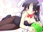  1girl animal_ears between_breasts black_hair black_legwear black_shoes blush breasts bunnysuit cleavage female happiness! ko~cha leotard lighter looking_at_viewer pantyhose rabbit_ears shoes solo strapless takamine_koyuki violet_eyes wrist_cuffs 