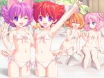  4girls animal_ears bikini blue_eyes cat_ears flat_chest miyama_amehiko multiple_girls one_eye_closed onsen orange_hair pink_hair purple_hair redhead short_hair side-tie_bikini swimsuit v violet_eyes water wink yuri 