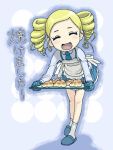  1girl :d ^_^ apron blonde_hair bubble carrying chocolate_cornet closed_eyes drill_hair food goutokuji_miyako long_sleeves oekaki open_mouth oven_mitts pastry powerpuff_girls powerpuff_girls_z rolling_bubbles skirt slippers smile socks solo translation_request twin_drills 