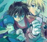  2boys ;o android armor black_hair blue_eyes brown_hair capcom clenched_hand cup drinking gloves holding ladybug looking_at_viewer lowres machinery male_focus multiple_boys no_headwear no_helmet one_eye_closed parted_lips robot_joints rockman rockman_x short_hair spiky_hair upper_body white_gloves x_(rockman) yaoi zero_(rockman) 