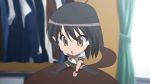  1girl animated animated_gif black_hair chibi chibi_on_head hair_pull lowres on_head screencap shakugan_no_shana shakugan_no_shana-tan shana shana-tan solo thigh-highs 