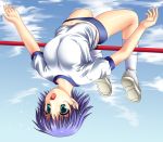  1girl arched_back athlete game_cg gym_uniform high_jump midriff mitsumi_misato navel open_mouth sky solo sport sweat to_heart_2 tonami_yuma track_and_field upside-down 