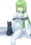  1girl animal arthur_(code_geass) black_cat breasts c.c. cat code_geass green_hair hamamo impossible_clothes large_breasts long_hair looking_at_viewer pantyhose robe simple_background sitting solo spread_legs straitjacket turtleneck very_long_hair white_background yellow_eyes 