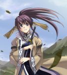  1girl head_wings inue_shinsuke long_hair ponytail purple_hair solo sword touka_(utawareru_mono) utawareru_mono weapon wind 