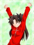  1girl :3 \o/ arms_up brown_hair closed_eyes cross fate/stay_night fate_(series) outstretched_arms solo tohsaka_rin turtleneck twintails 