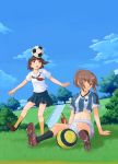  2girls aerow aihara_nana ball black_legwear brown_hair clouds footwear grass imo_works kimi_kiss midriff multiple_girls orange_legwear sakino_asuka school_uniform serafuku shorts sitting sky soccer soccer_ball socks sport telstar 