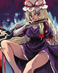  1girl bare_legs barefoot blonde_hair breasts curly_hair dress female hair_between_eyes hat head_tilt knees_apart_feet_together large_breasts legs lips long_hair looking_at_viewer purple_dress sitting solo spread_legs thighs touhou very_long_hair violet_eyes yakumo_yukari yuu_(kfc) 