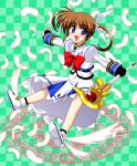  1girl bow checkered checkered_background feathers fingerless_gloves gloves green_background happy highres lyrical_nanoha magazine_(weapon) magic_circle magical_girl mahou_shoujo_lyrical_nanoha mahou_shoujo_lyrical_nanoha_a&#039;s octagram raising_heart red_bow redhead shoes solo takamachi_nanoha twintails violet_eyes winged_shoes wings 