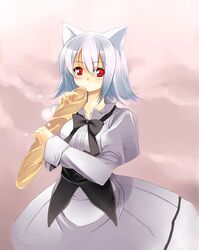  aburidashi_zakuro albino animal_ears blush bread dress food fox_ears red_eyes short_hair silver_hair white_hair 