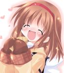  1girl ^_^ bag blush bread brown_hair closed_eyes coat fish food gloves hairband heart jacket kanon mittens open_mouth paco smile solo taiyaki tsukimiya_ayu wagashi wings 