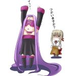  2girls :&lt; \o/ arms_up blonde_hair blouse chibi dress fate/stay_night fate_(series) long_hair lowres multiple_girls outstretched_arms pantyhose purple_hair rider saber saber_alter simple_background strapless strapless_dress translation_request triangle_mouth very_long_hair 