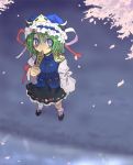  1girl blue_eyes blush bow cherry_blossoms female from_above green_hair hand_on_another&#039;s_chest hat nature oekaki petals plant ribbon rod_of_remorse shiki_eiki short_hair skirt solo touhou wide_sleeves 