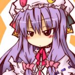  1girl bow cappccino crescent female hat long_hair lowres patchouli_knowledge pink_bow purple_hair solo touhou 