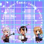  3girls chibi drum fate/hollow_ataraxia fate/stay_night fate_(series) himuro_kane instrument keyboard keyboard_(instrument) mahou_sensei_negima! makidera_kaede melodica multiple_girls music parody plectrum puyo saegusa_yukika shamisen 