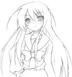  1girl bow bowtie dousaki_shin&#039;ya eyebrows eyebrows_visible_through_hair hand_on_hip lineart long_sleeves looking_at_viewer monochrome sailor_collar school_uniform serafuku shakugan_no_shana shana simple_background skirt solo white_background 