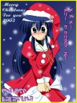  00s 1girl 2003 bag bangs blue_hair blush border broccoli_(company) character_name christmas galaxy_angel green_eyes hat karasuma_chitose long_hair looking_at_viewer merry_christmas normad santa_costume santa_hat snow solo translated yellow_border 