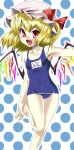  1girl :d blonde_hair fang female flandre_scarlet gengorou hat leg_lift name_tag one-piece_swimsuit open_mouth polka_dot polka_dot_background red_eyes school_swimsuit smile solo swimsuit touhou wings 