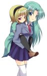  2girls blonde_hair blue_eyes breasts eyebrows green_hair hairband higurashi_no_naku_koro_ni houjou_satoko long_hair mei multiple_girls necktie pantyhose piggyback plaid plaid_skirt pleated_skirt red_eyes short_hair skirt sonozaki_shion subaru_(yachika) thigh-highs 