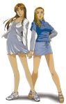  2girls bangs bare_legs blue_eyes blush brown_eyes brown_hair buttons casual cross-laced_footwear dress earrings feet front-tie_top hair_intakes hair_over_shoulder hand_holding initial_d jewelry legs light_brown_hair lips long_hair long_sleeves looking_at_viewer miniskirt multiple_girls no_socks open_clothes open_shirt parted_bangs pencil_skirt sandals satou_mako sayuki sayuki_(initial_d) shadow shirt shoes short_dress side_slit sidelocks simple_background skirt sneakers standing swept_bangs toes turtleneck unbuttoned wavy_hair white_background 