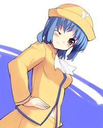  1girl blue_hair brown_eyes hat one_eye_closed pencil_skirt short_hair sikorsky skirt solo stewardess wink 