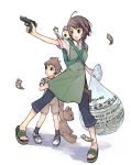  1girl 2boys :d ahoge aiming baby bag brown_eyes brown_hair child dress green_dress grocery_bag gun handgun height_difference holding money multiple_boys open_mouth original outstretched_arms pants parted_lips pistol sandals shirt shopping_bag short_sleeves simple_background smile weapon white_background white_shirt youhei_(artist) 