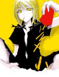  1girl blonde_hair casual fate/stay_night fate_(series) french_fries open_clothes open_shirt saber saber_alter shirt short_hair solo yellow_eyes 