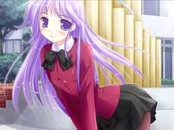  1boy crossdressinging happiness! looking_at_viewer lowres male_focus pantyhose purple_hair solo trap violet_eyes watarase_jun 