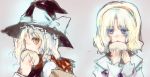  2girls alice_margatroid baozi blonde_hair dumpling female food hat kirisame_marisa multiple_girls nikuman nokishita sketch touhou witch_hat 