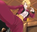  1girl androgynous blonde_hair blue_eyes bow bowtie formal king_(snk) king_of_fighters mokusa pant_suit reverse_trap ryuuko_no_ken short_hair snk solo suit the_king_of_fighters tuxedo 