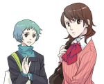  2girls aqua_hair atlus bag blue_hair brown_hair cardigan choker handbag karakuri_chouchou koaki lowres multiple_girls persona persona_3 ribbon school_uniform serafuku short_hair takeba_yukari yamagishi_fuuka 