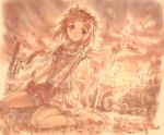  1girl barefoot blush flower goto_p monochrome orange_(color) petals ruins solo 