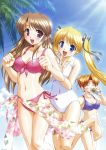  00s 3girls barefoot bekkankou bikini blonde_hair blue_eyes blush breasts brown_hair cleavage closed_eyes covered_navel drink drinking front-tie_top fujieda_honami hair_ribbon hanihani light_rays long_hair looking_at_viewer multiple_girls nishina_kyouko open_mouth palm_tree ribbon sarong shibugaki_matsuri side-tie_bikini smile sunbeam sunlight swimsuit thigh_gap tree tsuki_wa_higashi_ni_hi_wa_nishi_ni twintails 