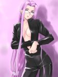  1girl biker_clothes bikesuit breasts cleavage fate/stay_night fate_(series) glasses leather long_hair low-tied_long_hair lowres pantyhose rider shiny solo tied_hair very_long_hair zipper 