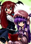  2girls blush book fang female hat head_wings kiku_hitomoji koakuma long_hair multiple_girls patchouli_knowledge purple_hair red_eyes redhead the_embodiment_of_scarlet_devil tora_tooru toru_tooru touhou violet_eyes 