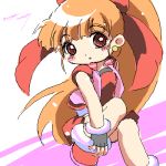  1girl akazutsumi_momoko bare_legs bare_shoulders black_gloves dress earrings fingerless_gloves gloves head_tilt hyper_blossom jewelry long_hair looking_at_viewer lowres oekaki open_clothes open_vest ponytail powerpuff_girls powerpuff_girls_z red_dress simple_background solo uniform very_long_hair vest white_background 