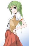  1girl green_eyes green_hair hand_on_hip higurashi_no_naku_koro_ni hips long_hair ponytail school_uniform serafuku skirt solo sonozaki_mion una_(dpaxg) 