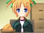  1girl bell blue_eyes food fruit game_cg inuzumi_masaki kinokuniya_koneko mandarin_orange nusunde_my_heart orange orange_hair solo twintails 